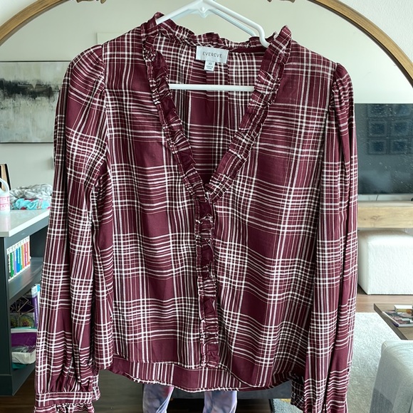 EVEREVE NWOT Maroon plaid ruffle top. Long sleeve. Button front. New. Size XS - Picture 8 of 9